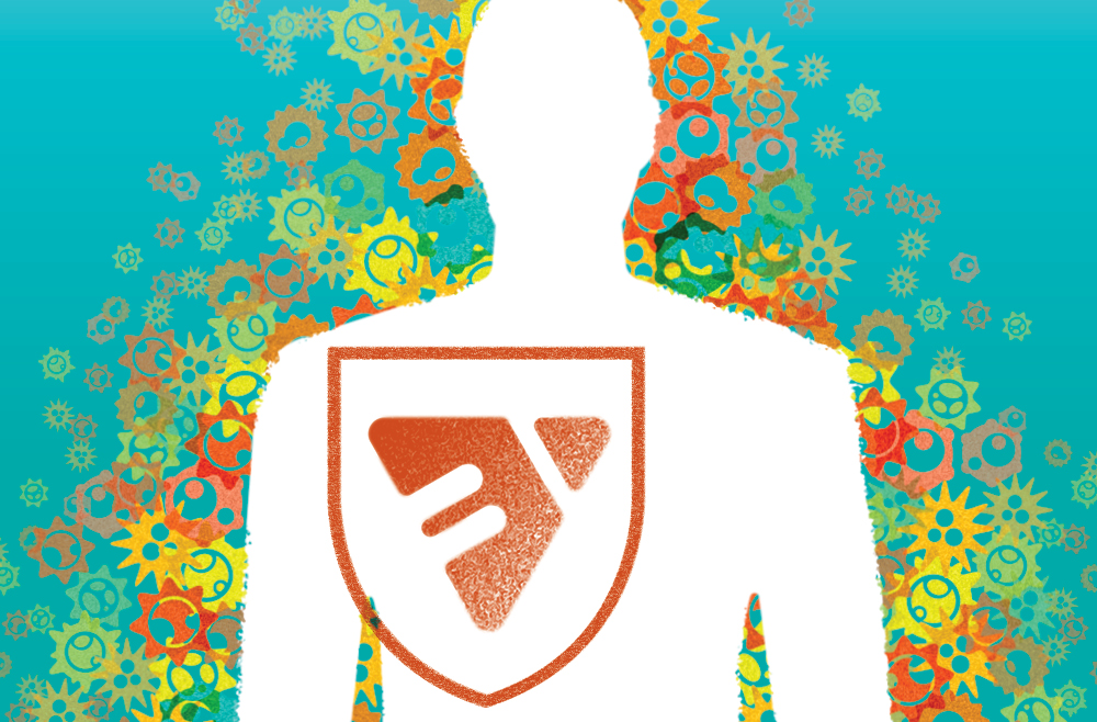 A human silhouette shape stands in front of a colorful background that is filled with many abstract cell shapes. On top of the silhouette is an abstract shield outline.